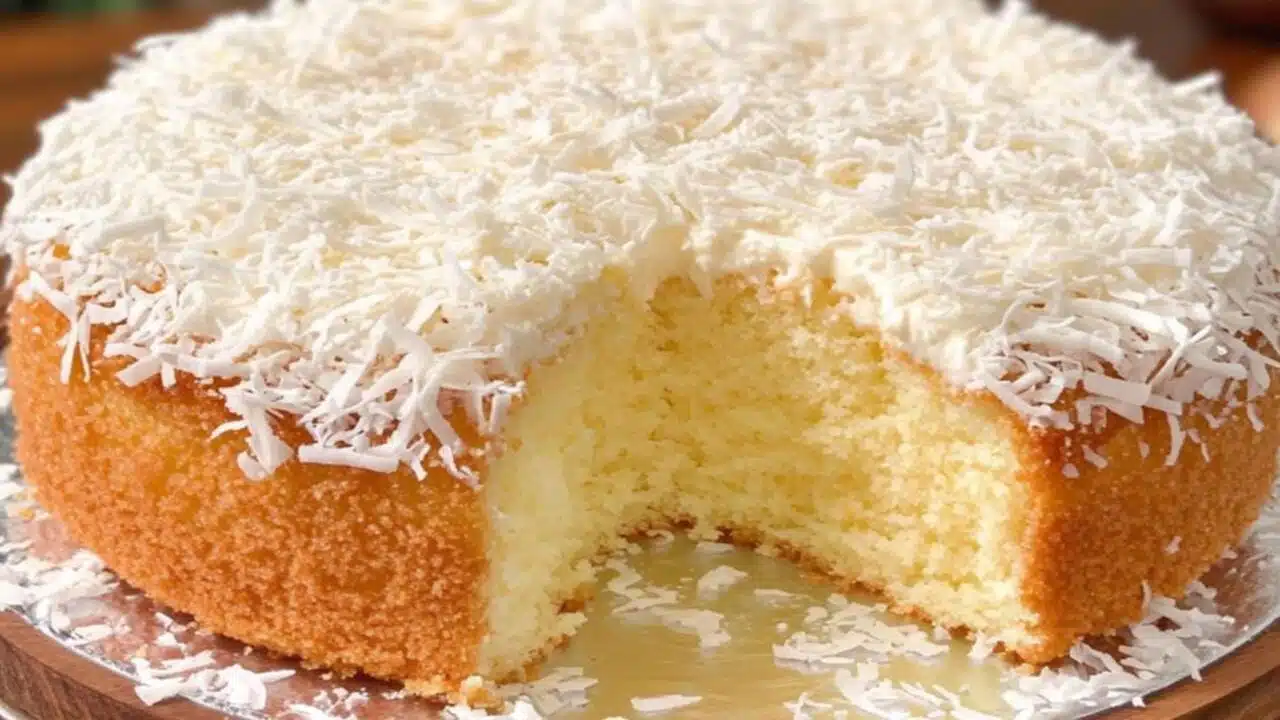 Um bolo de coco fofinho servido com cobertura de leite condensado e coco ralado, perfeito para sobremesas ou lanches.