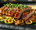 Prato servido com costela suína assada ao molho barbecue ao lado de macarrão de abobrinha com pesto crocante e nibs de cacau.