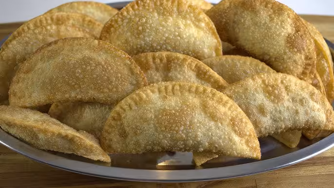 Pastéis de carne moída dourados e crocantes servidos em um prato.