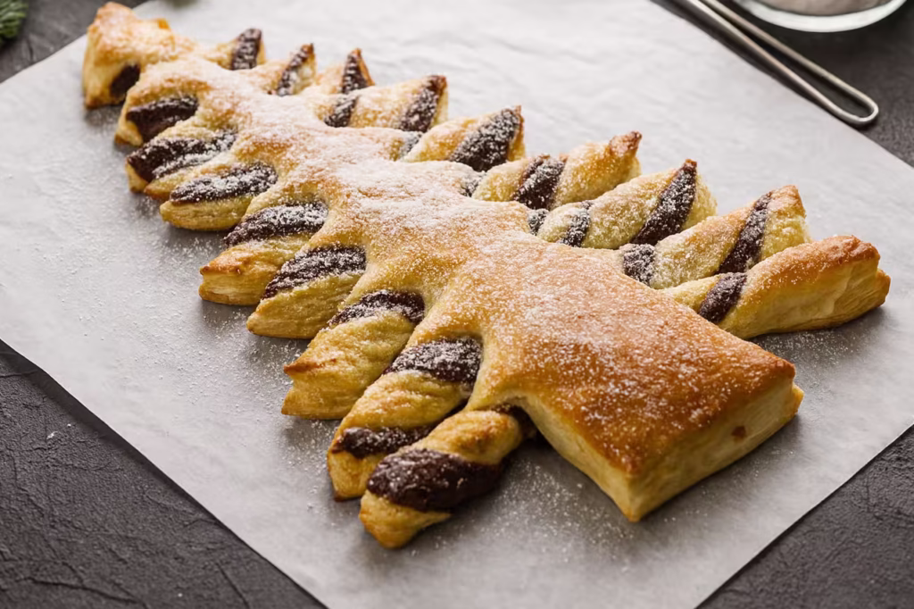 Árvore de Natal com massa folhada e chocolate