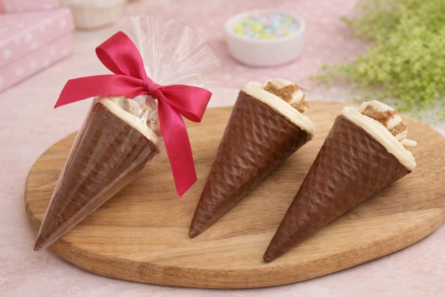 Canudo de chocolate kinder bueno embalado e sem embalagem no fundo rosa