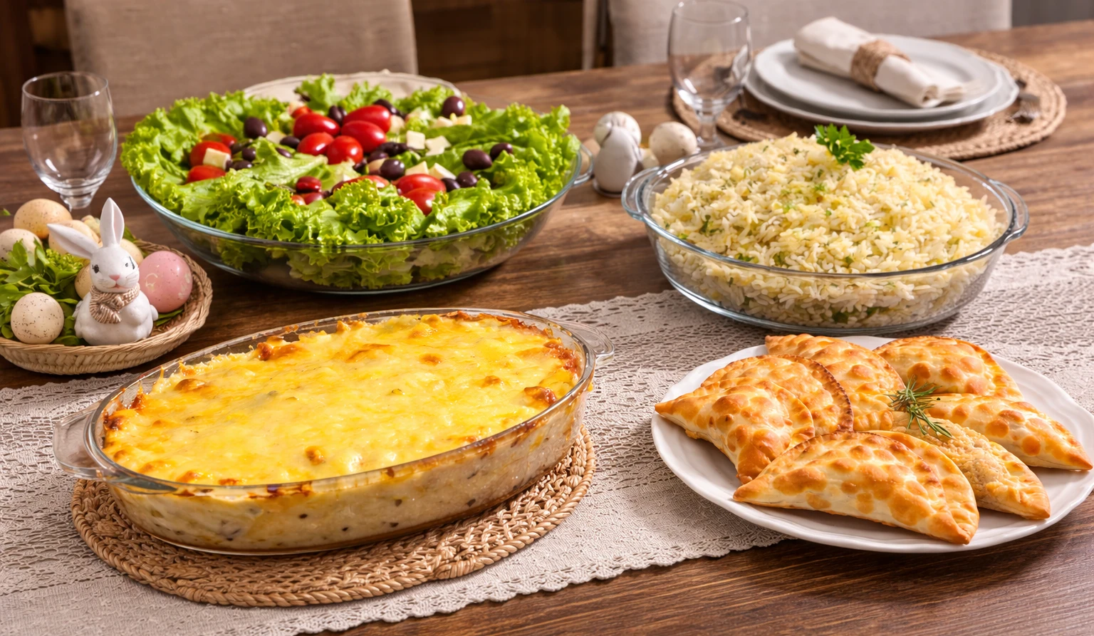 Almoço de páscoa completo e servido em uma mesa de madeira