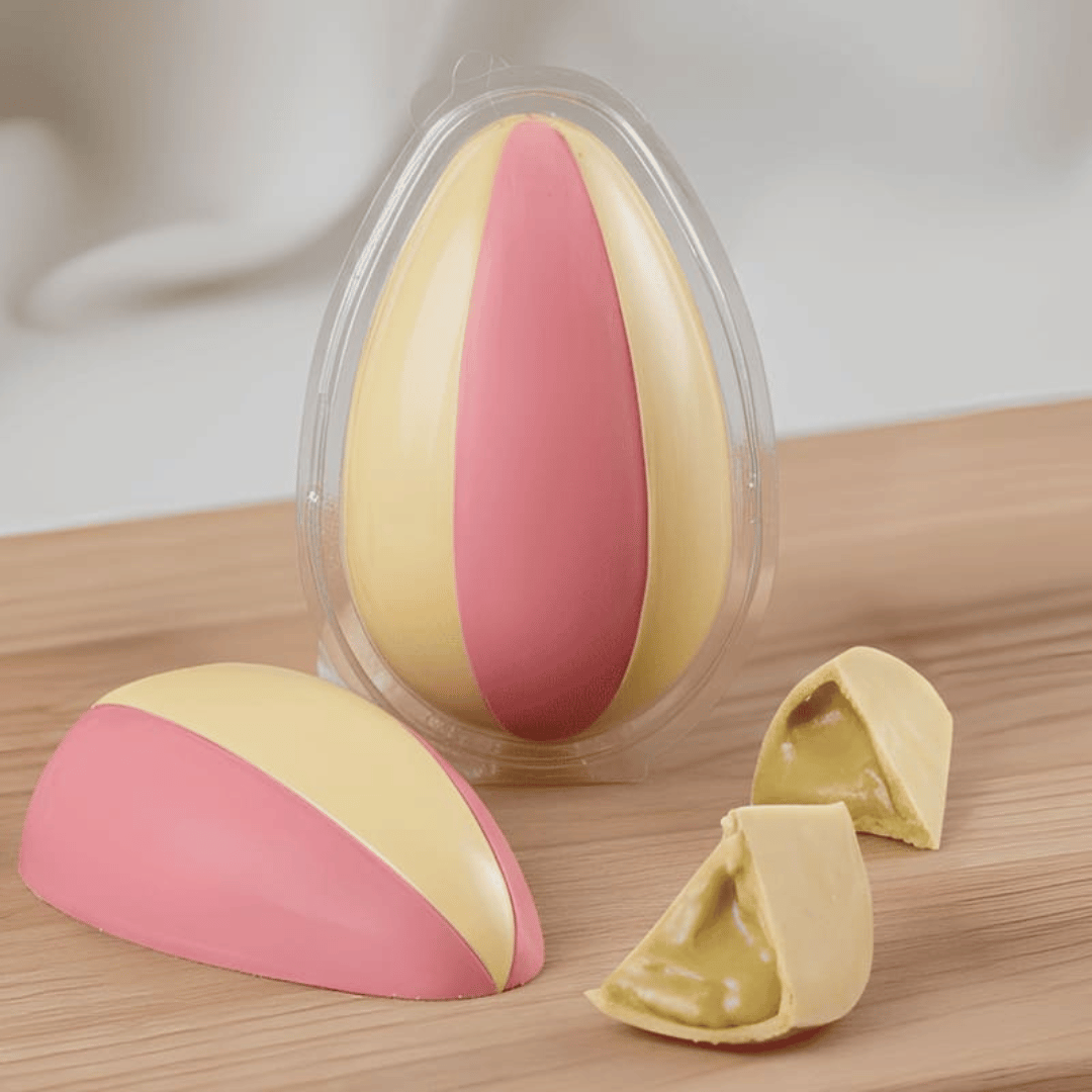 Ovo de páscoa em fatias com chocolate branco e chocolate de morango