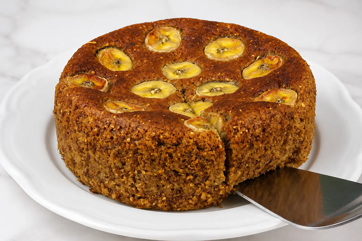 Bolo de bana e aveia sendo fatiado