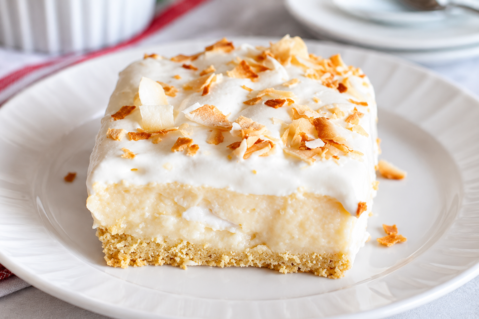 Coconut Cream Pie Bars ou torta de crmee de coco servida